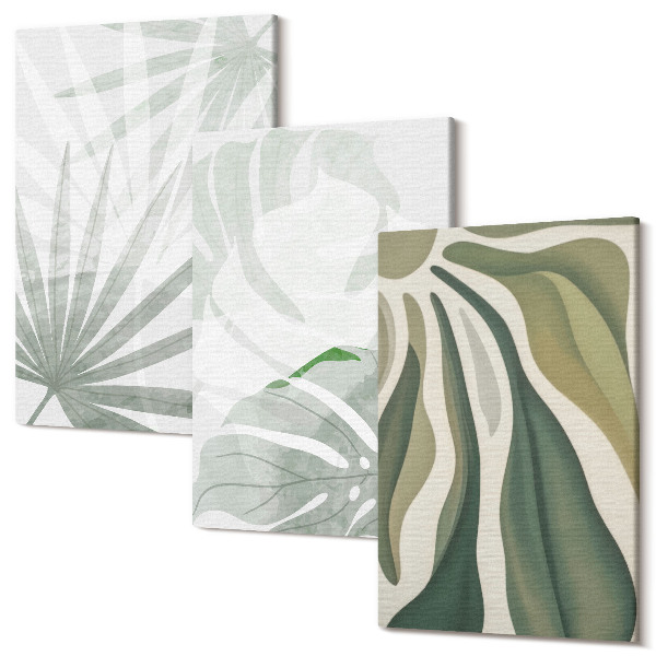 Sada obrazov na stenu triptych Listy rastlín v odtieňoch zelenej a šedej