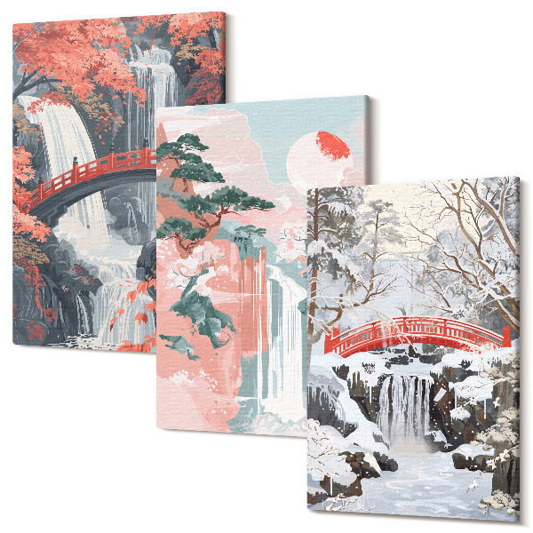 Sada 3 obrazov Vodopády v rôznych ročných obdobiach s mostami a stromami