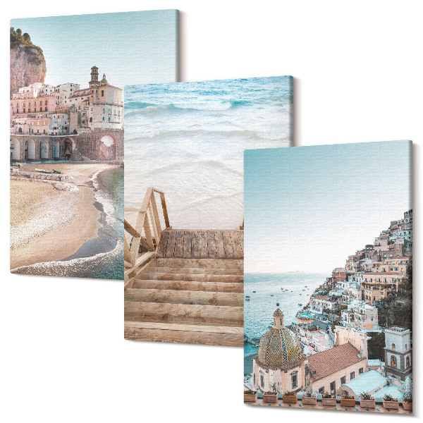 Sada obrazov triptych Letné pastelové výhľady s prímorskou architektúrou a plážou