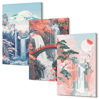 Sada 3 obrazov Vodopády hory s mostom a kvitnúce stromy