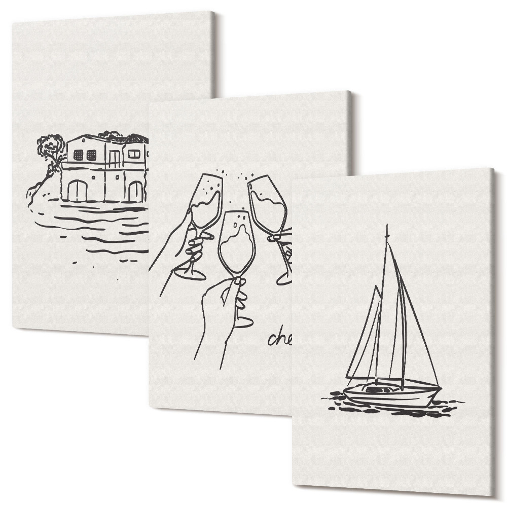 Sada obrazov na stenu triptych Pohľady na dom pri vode, toasty s pohármi, plachetnica