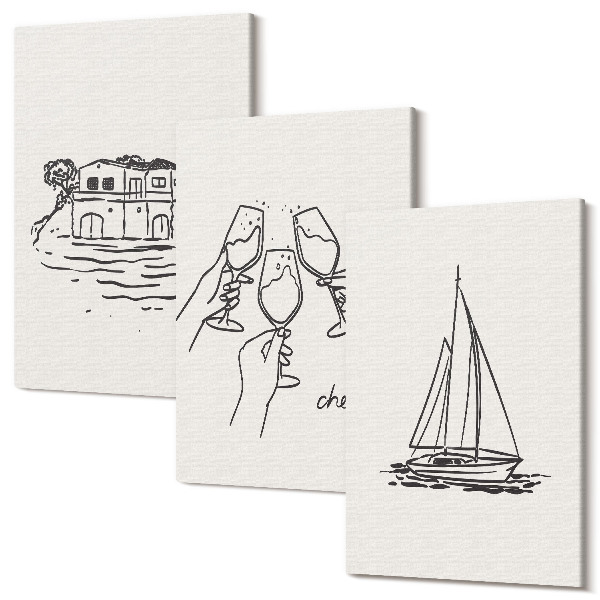 Sada obrazov na stenu triptych Pohľady na dom pri vode, toasty s pohármi, plachetnica