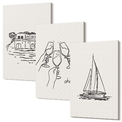 Sada obrazov na stenu triptych Pohľady na dom pri vode, toasty s pohármi, plachetnica