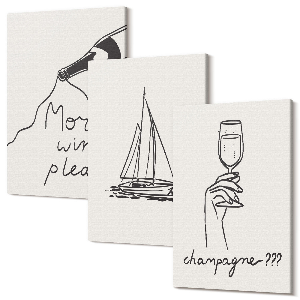 Sada 3 obrazov Vínna plachetnica pohár na šampanské lineárny štýl
