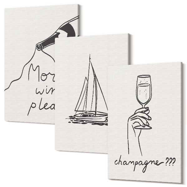 Sada 3 obrazov Vínna plachetnica pohár na šampanské lineárny štýl
