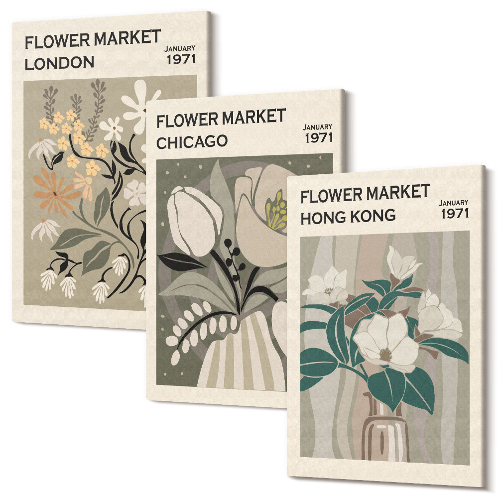 Sada obrazov triptych Kvetinové trhy v Londýne, Chicagu a Hong Kongu