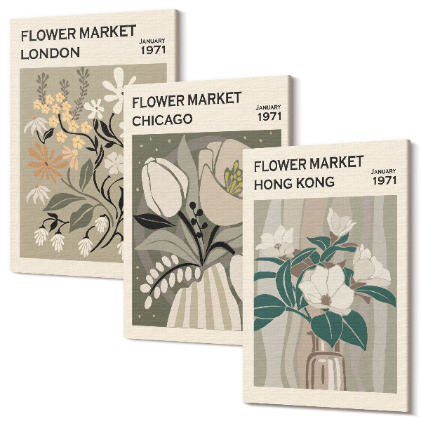 Sada obrazov triptych Kvetinové trhy v Londýne, Chicagu a Hong Kongu