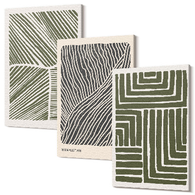 Sada obrazov triptych Vzory línií a tvarov v odtieňoch zelenej