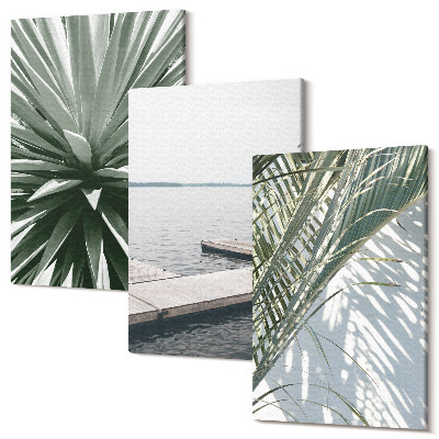 Sada obrazov na stenu triptych Rastlina palmových listov a drevený most