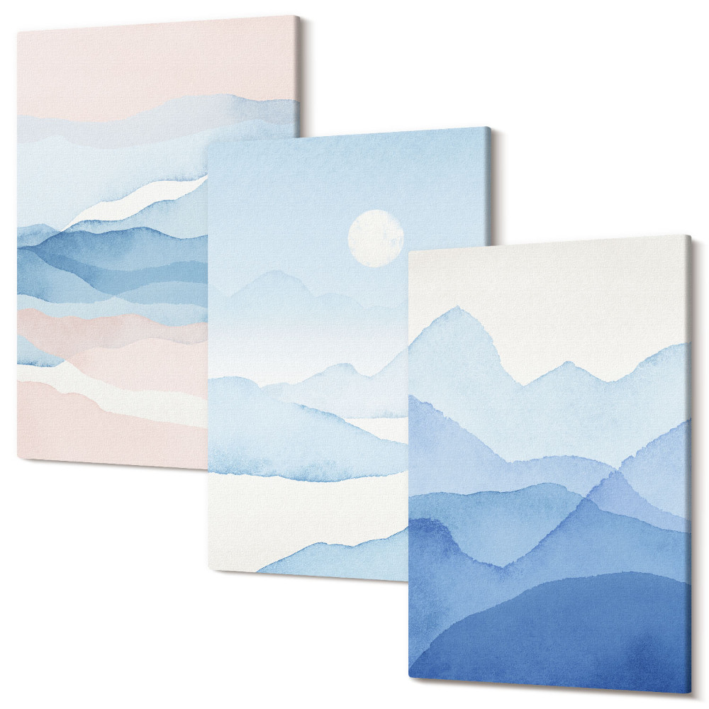 Sada obrazov triptych Modré a ružové horské krajiny v akvarelu