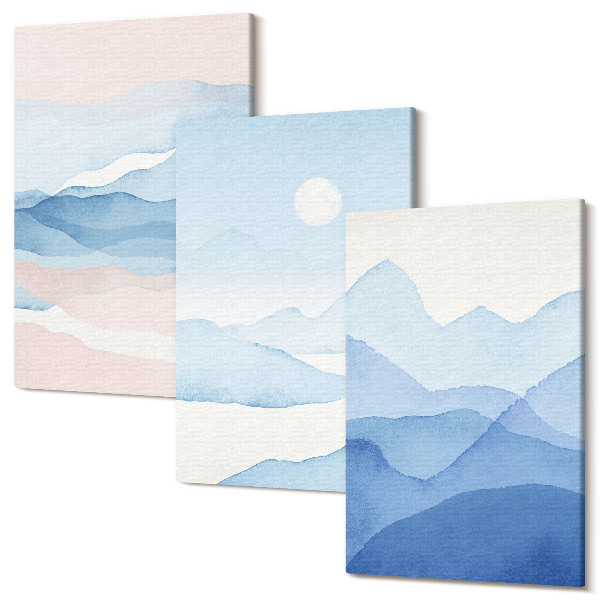 Sada obrazov triptych Modré a ružové horské krajiny v akvarelu