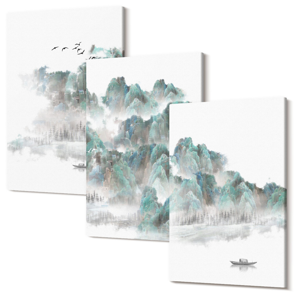 Sada 3 obrazov Hory v oblakoch s vtákmi a loďou na vode japandi