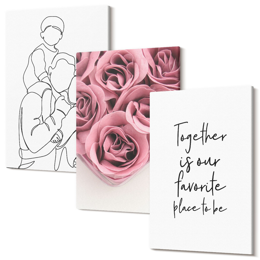 Sada 3 obrazov Rodinné lineárne ruže kytice domov nápis