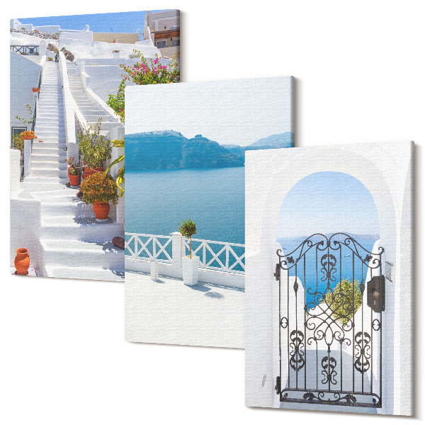 Sada 3 obrazov Biele schody s rastlinami, výhľadom na more a bránou