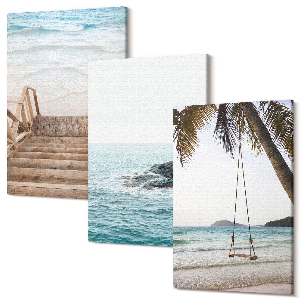 Sada obrazov triptych Schody na pláž, výhľad na more a hojdačka s palmami