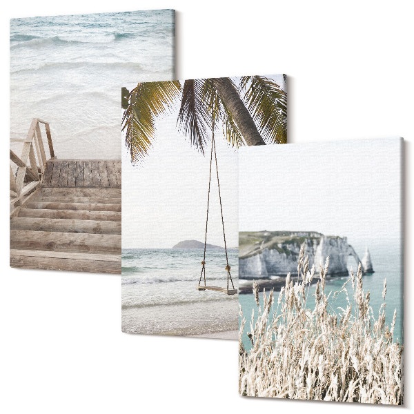 Sada obrazov na stenu triptych Pláž s drevenými schodmi a prímorskou hojdačkou