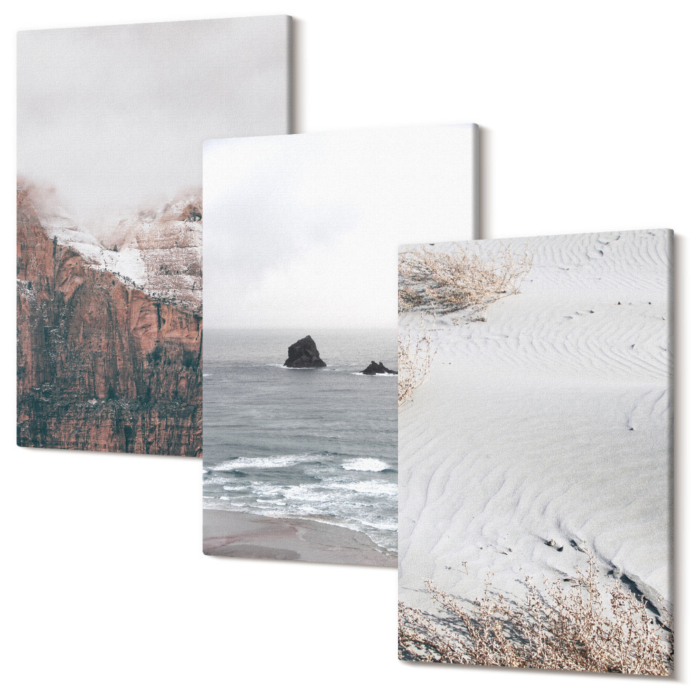 Sada 3 obrazov Hory, oblaky, more a piesok v prírodných odtieňoch