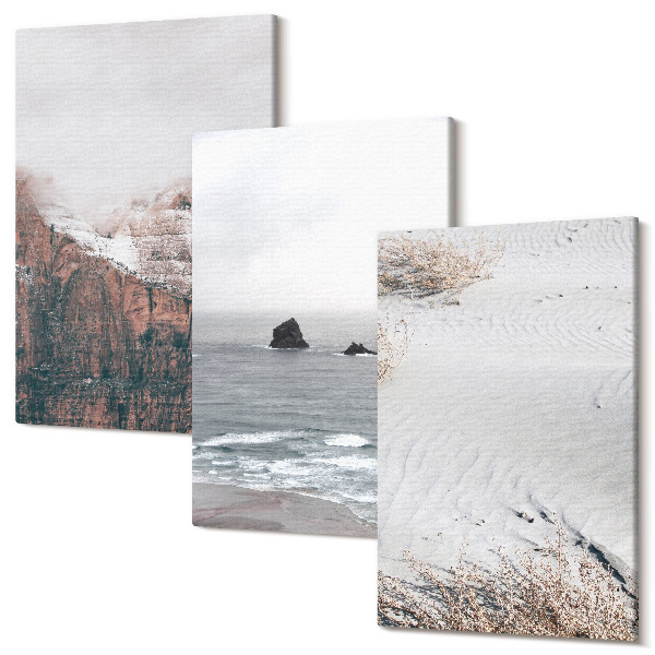 Sada 3 obrazov Hory, oblaky, more a piesok v prírodných odtieňoch