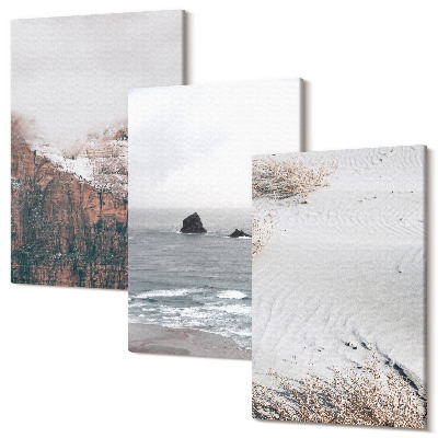 Sada 3 obrazov Hory, oblaky, more a piesok v prírodných odtieňoch