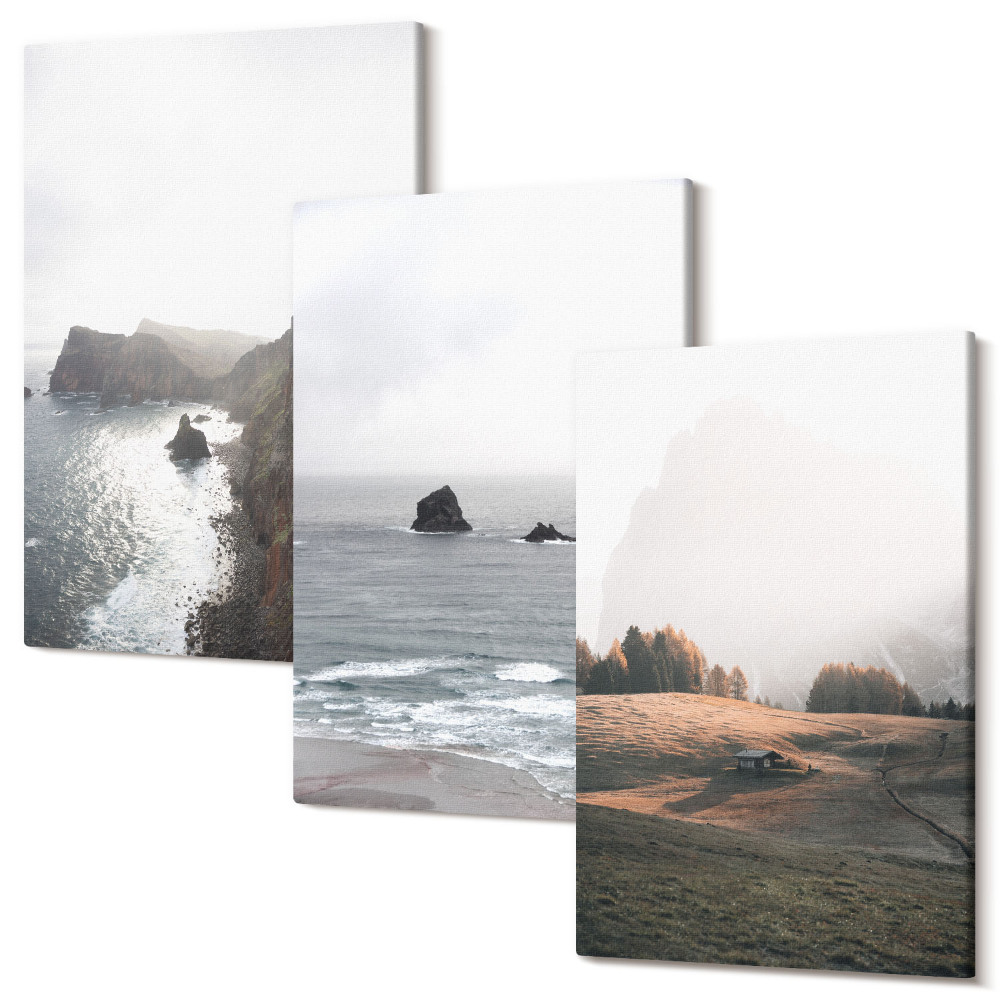 Sada obrazov na stenu triptych Horská a morská krajina s oblakmi a lesmi