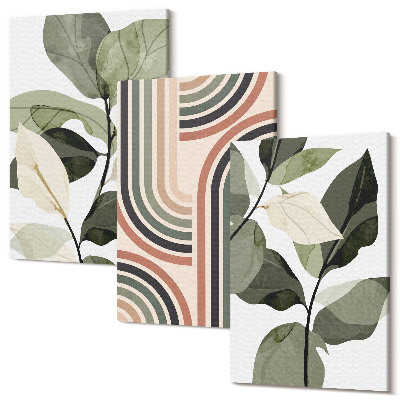 Sada obrazov triptych Rastlinné motívy s geometrickými vzormi v odtieňoch zelenej