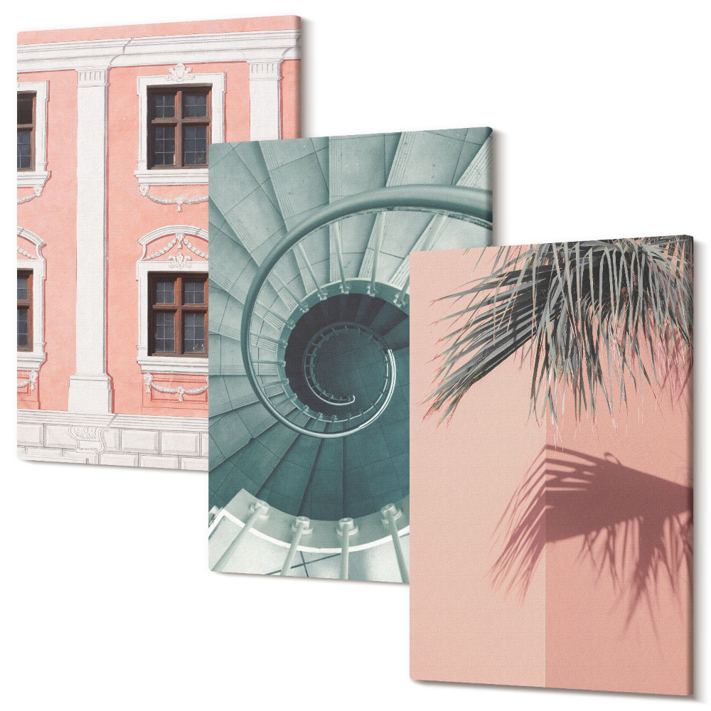 Sada obrazov triptych Pastelovo tónovaná architektúra a špirálové vzory