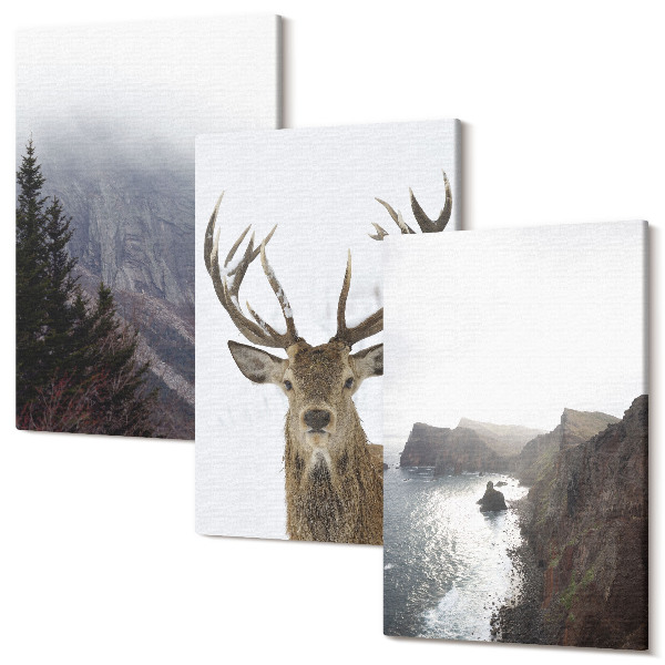 Sada obrazov triptych Horská krajina s hmlou, vodou a jeleňmi