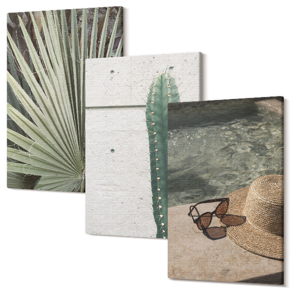 Sada obrazov na stenu triptych Tropické rastliny a doplnky na dovolenku pri vode