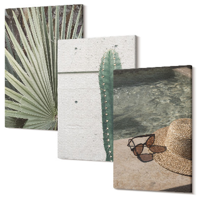 Sada obrazov na stenu triptych Tropické rastliny a doplnky na dovolenku pri vode