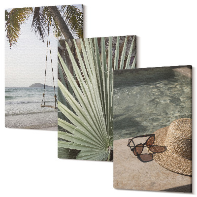 Sada 3 obrazov Dovolenka na pláži s hojdačkou z palmového listu