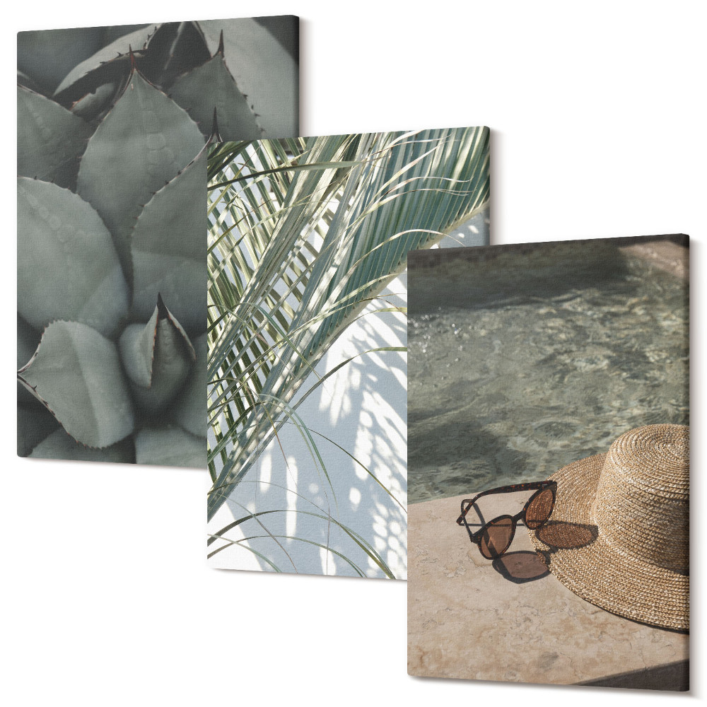 Sada obrazov na stenu triptych Tropické rastliny a akcenty letnej dovolenky