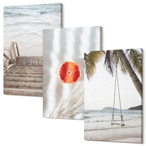 Sada 3 obrazov Pláž s drevenými schodmi, dovolenková atmosféra