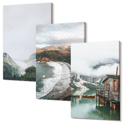 Sada obrazov triptych Výhľad na hory a pláž s mrakmi a vodou