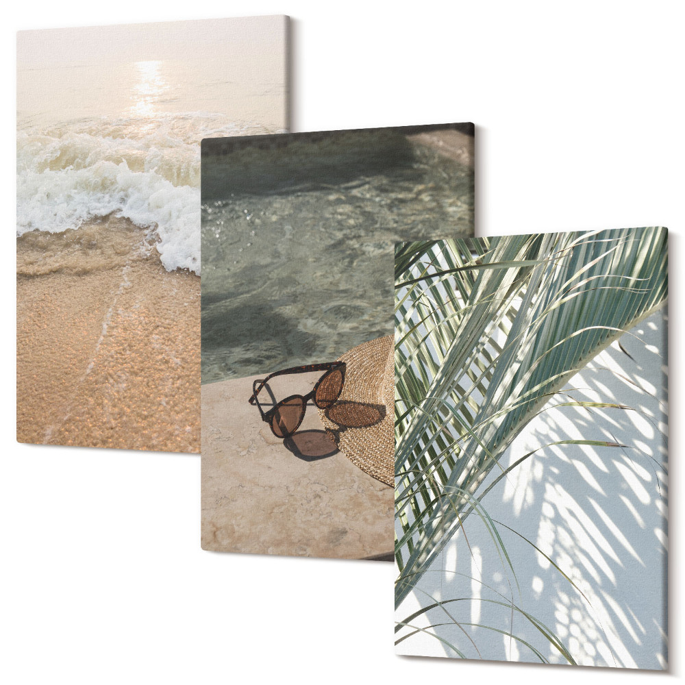 Sada obrazov na stenu triptych Vodný plážový klobúk a slnečné okuliare