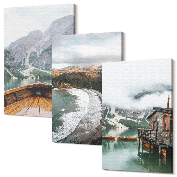 Sada 3 obrazov Výhľad na hory nad jazerom s loďou a plážovou krajinou