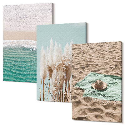Sada obrazov triptych plážové vlny tráva klobúk piesok relax povaha
