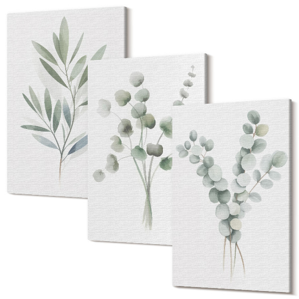 Sada obrazov triptych Rastlinné vzory v odtieňoch zelenej a šedej