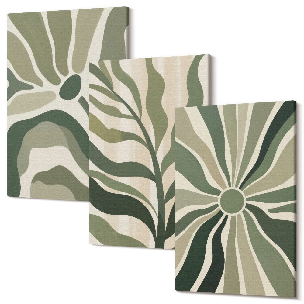 Sada obrazov na stenu triptych Rastlinné vzory v odtieňoch zelenej a béžovej