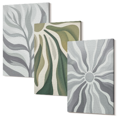 Sada obrazov triptych Rastlinné vzory v odtieňoch zelenej a šedej