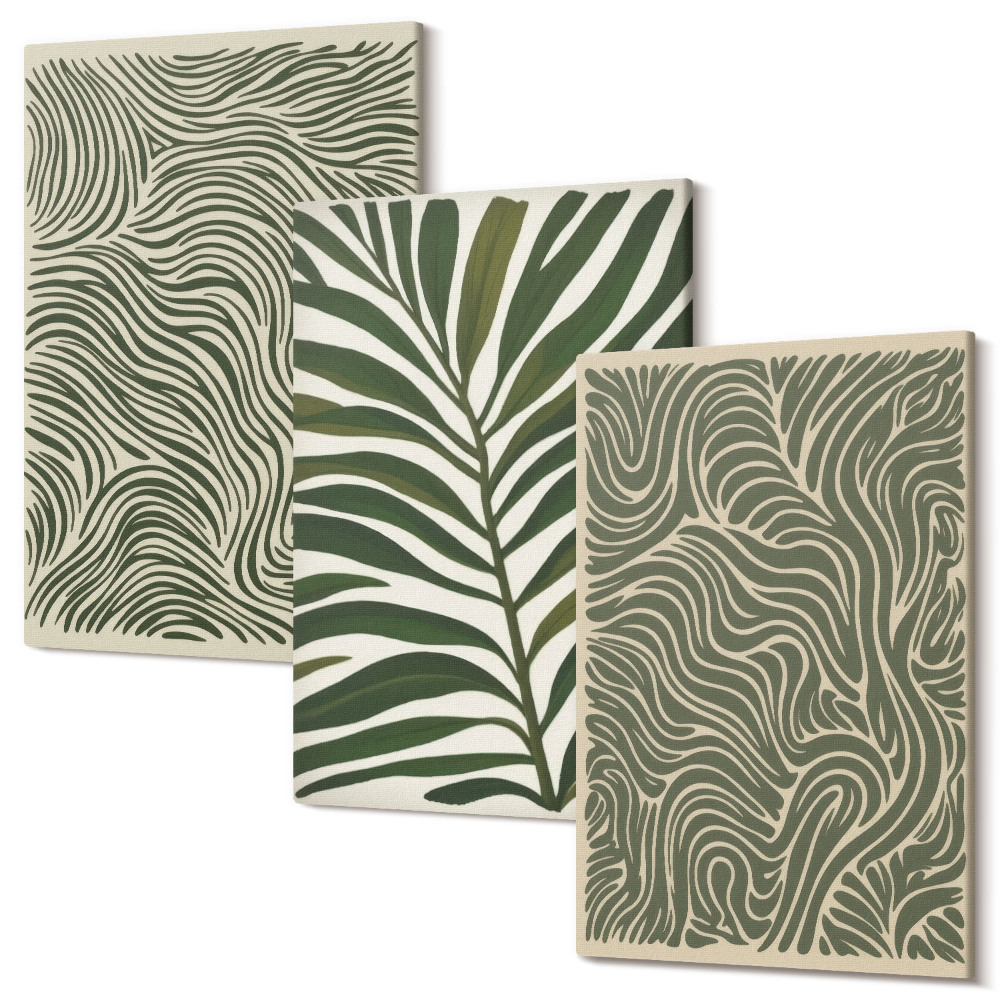 Sada obrazov triptych Abstraktné vzory s listami a vlnitými tvarmi