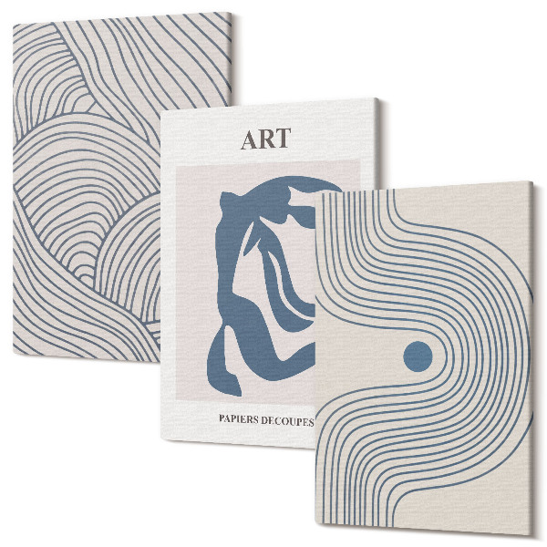 Sada 3 obrazov Abstraktné vzory línií a tvarov v odtieňoch modrej