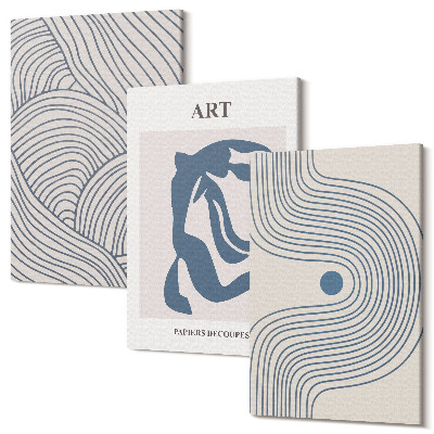 Sada 3 obrazov Abstraktné vzory línií a tvarov v odtieňoch modrej