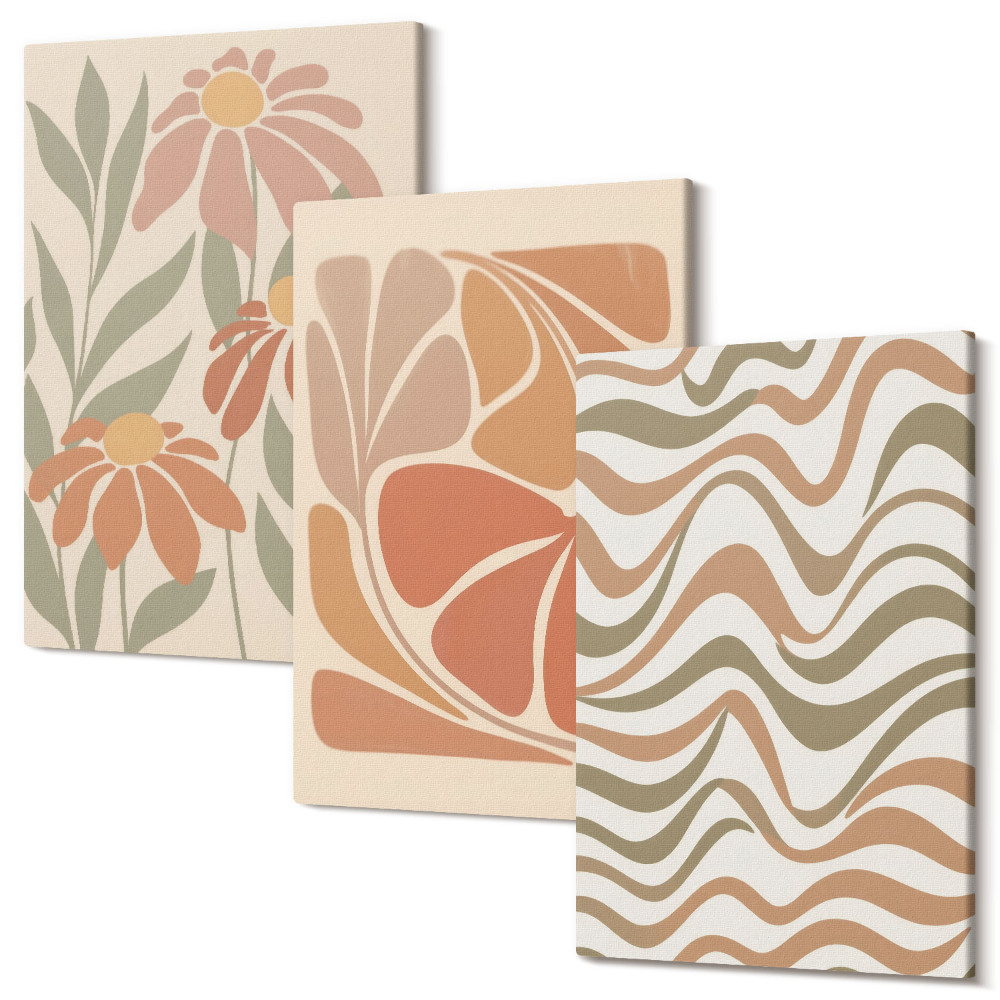 Sada 3 obrazov Pastelové kvety a abstraktné vzory
