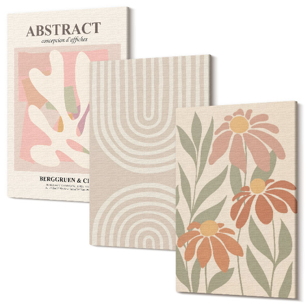 Sada obrazov na stenu triptych Abstraktné tvary s rastlinnými motívmi v pasteloch