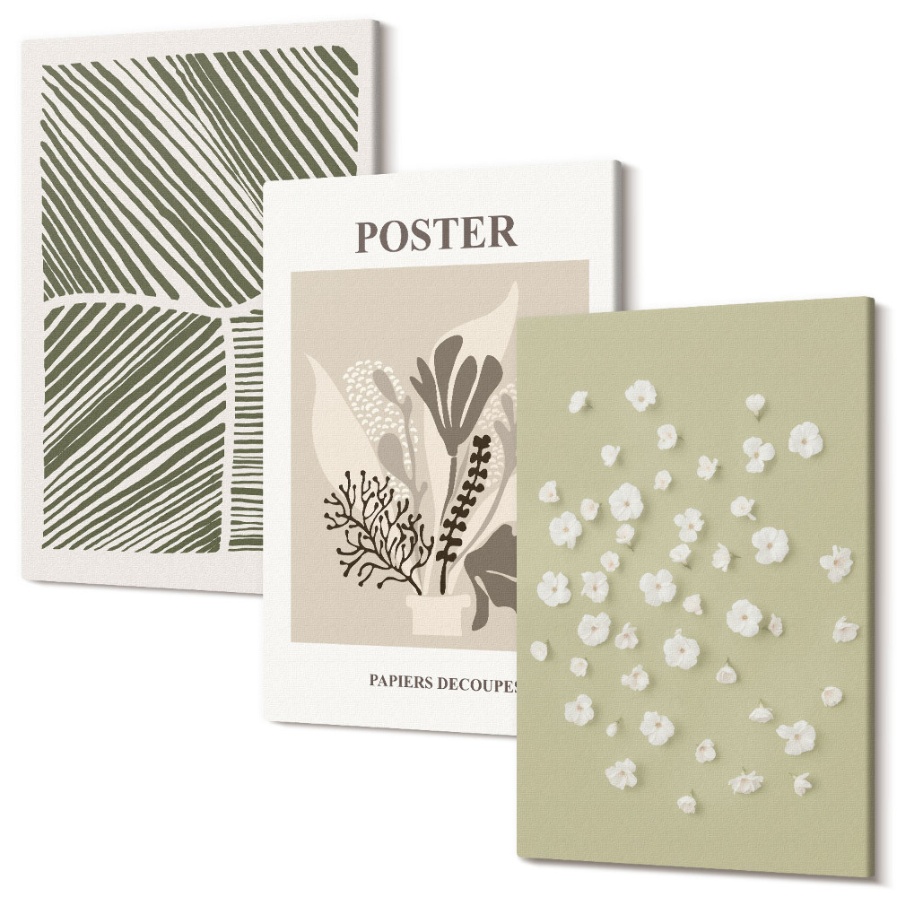 Sada obrazov na stenu triptych Rastlinné motívy v tlmených farbách a vzoroch