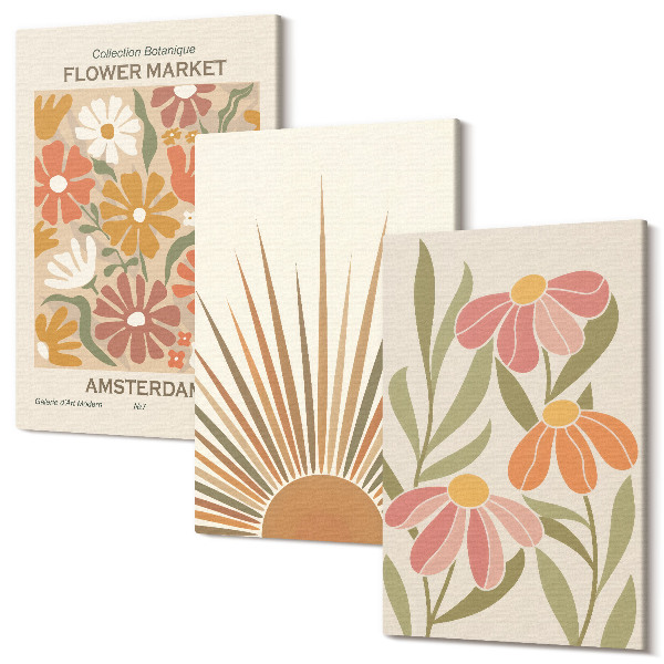 Sada 3 obrazov Kvety v pastelových farbách so slnečnými lúčmi