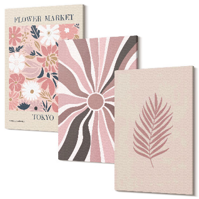 Sada 3 obrazov Kvetinové vzory s listami a geometrickými tvarmi