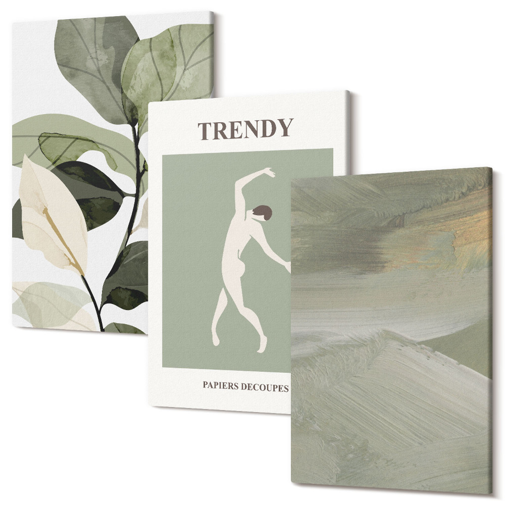 Sada obrazov na stenu triptych Rastlinné vzory so siluetami a abstraktnými formami