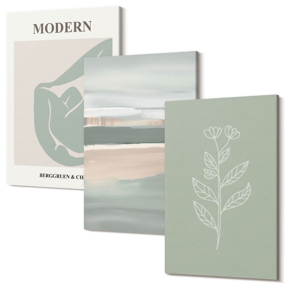 Sada obrazov triptych Abstraktné tvary v pastelových odtieňoch s rastlinami