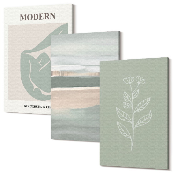 Sada obrazov triptych Abstraktné tvary v pastelových odtieňoch s rastlinami
